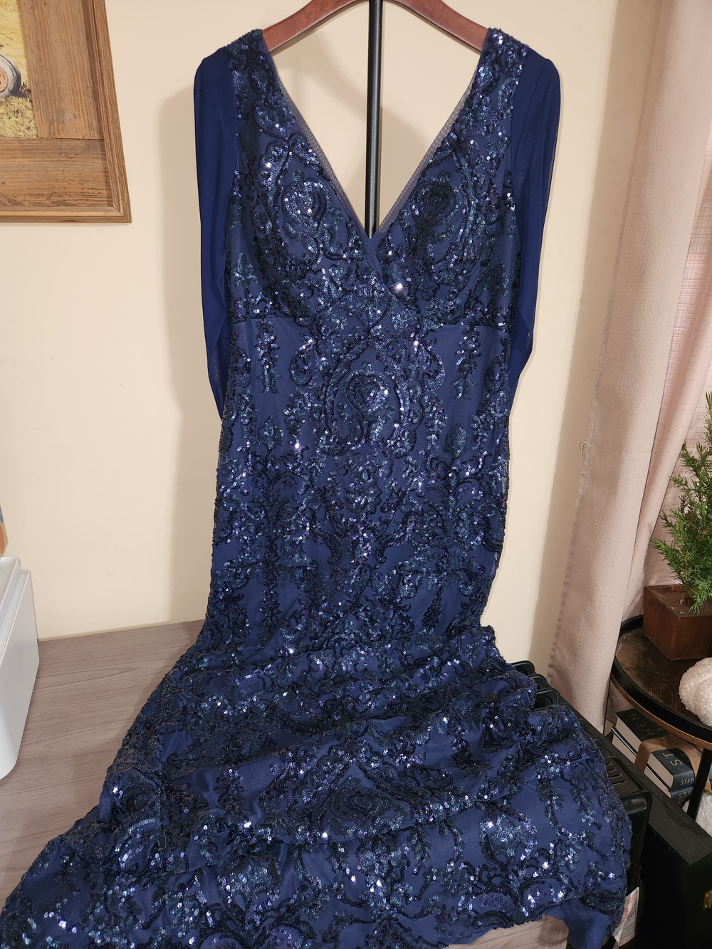 R&M Richards Navy Sequin V-Neck Evening Gown
